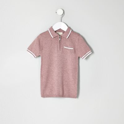 Mini boys pink knit tipped zip polo shirt
